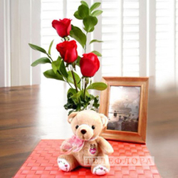 3 Red roses in with Small Teddy Bear