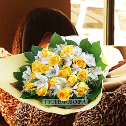 Bouquet of 15 yellow roses with 9 white alstroemerias