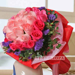 Round bouquet of 12 Peach & 21 Hot Pink Roses
