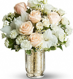 Round bouquet of roses, carnations and alstroemeria