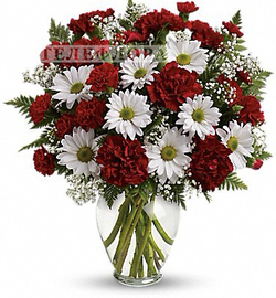 Bouquet of red carnations and white chrysanthemums